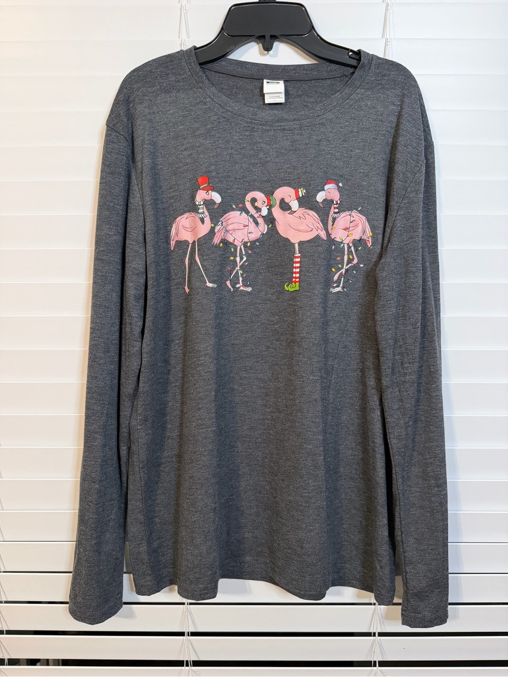 Christmas Lights Pink Flamingo Santa Hat Christmas Womens Crewneck Long Sleeve M